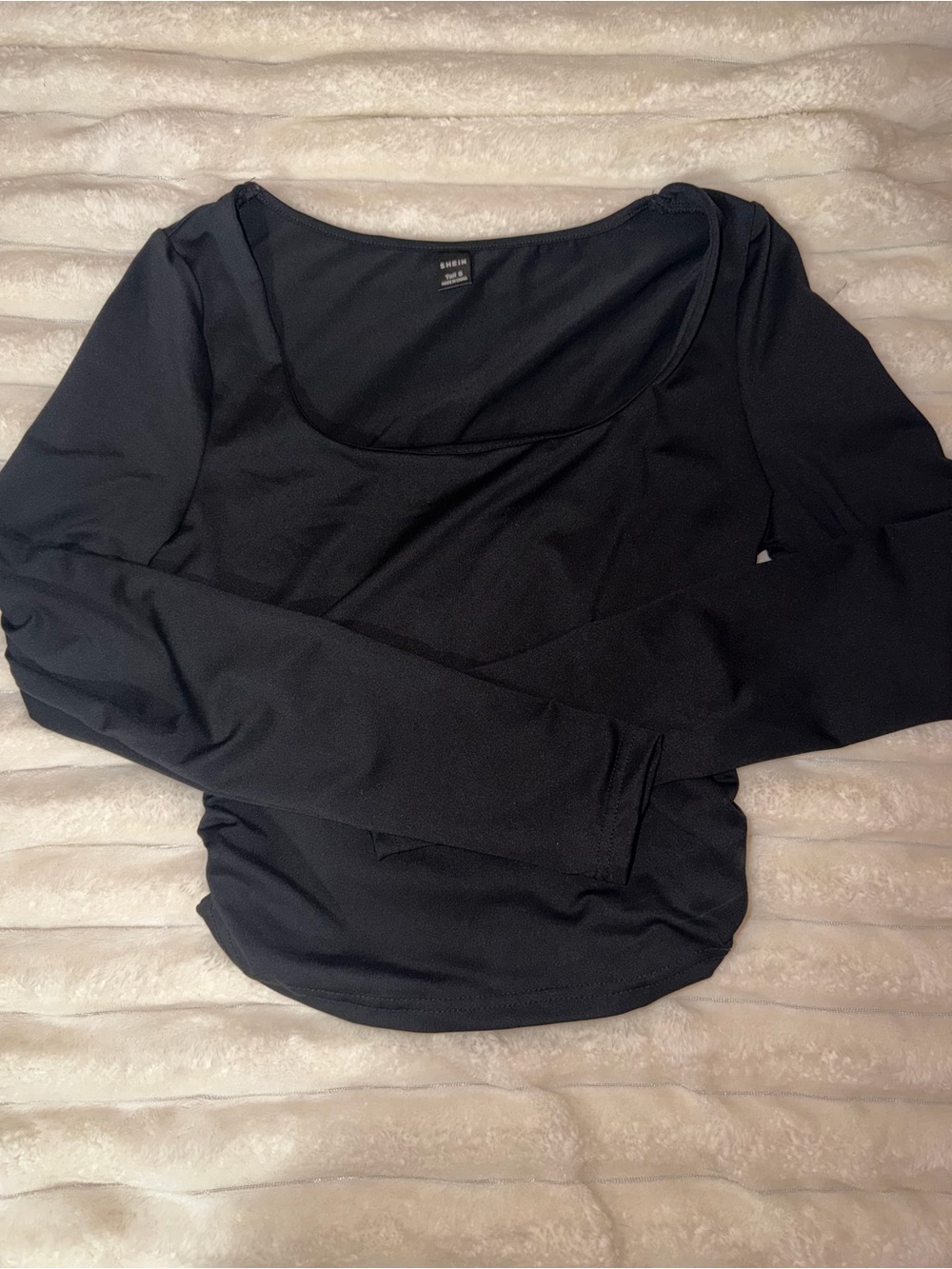 Black Long-Sleeve Scoop Neck Rouched Sides Women's Top